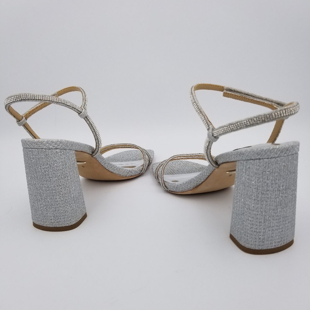 Badgley Mischka Firey Bejeweled Block Heel Sandals, Silver Glitter, Women's Sz 8 - Picture 9 of 16